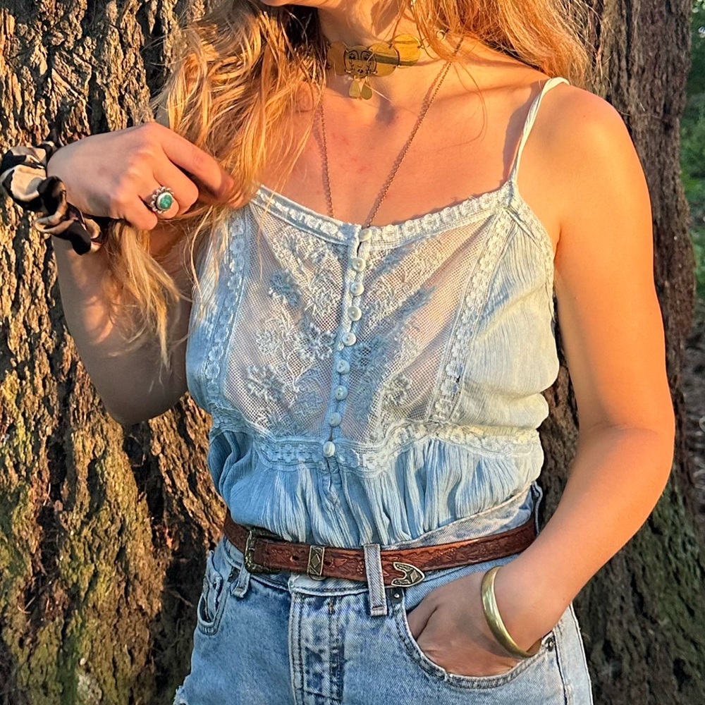 white Free People lace top that has been hand dyed with indigo plant dye